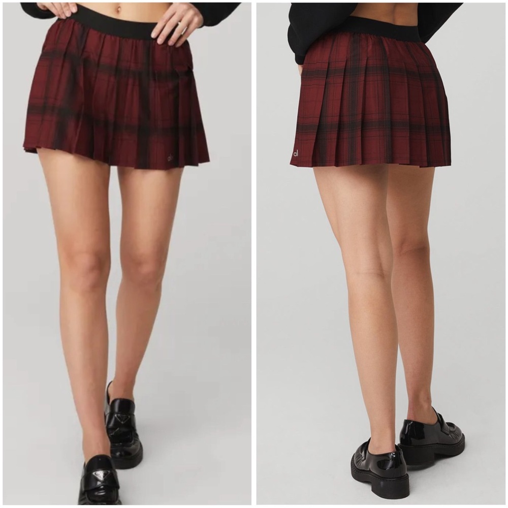 ALO Yoga Legacy Plaid Varsity Tennis Skirt Cranberry Black, S